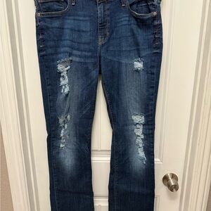 Express Midrise Barely Boot Jeans Women’s Sz 14 Blue Distressed Stretch (17-9)